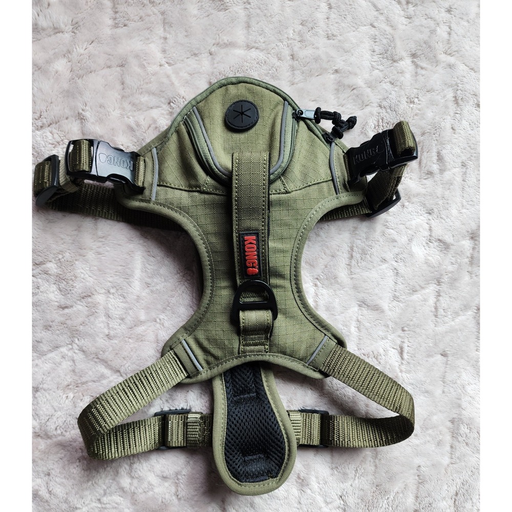 KONG Ultra Durable Waste Bag Dog Harness Olive Green Medium Ripstop Reflective